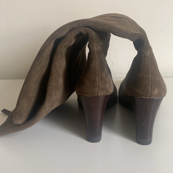 Franco Sarto Wedge Knee High Suede Boots Size 7 Moss Green Brown Full Side Zip - Picture 4 of 16